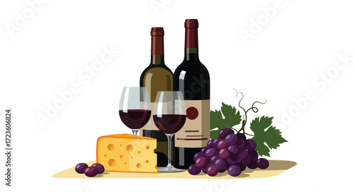 Enjoy a delightful assortment of red wine cheese and grapes.