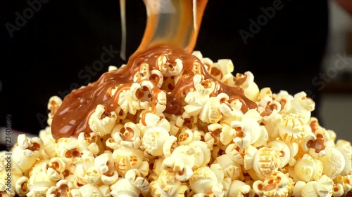 Rich caramel drizzling over a heap of popcorn creates an enticing and mouthwatering dessert experience.