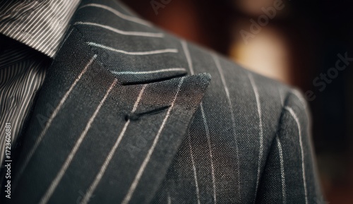 Close-up of a pinstriped suit jacket