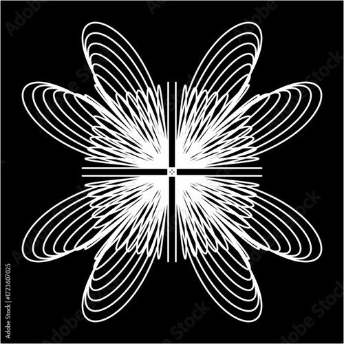 White elliptical waves blossom outward, forming six radiant petals from a central cross, symbolizing energy, harmony, expansion, and eternal cosmic motion.