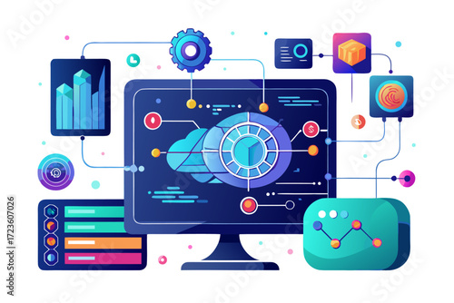 Wallpaper Mural Futuristic AI Technology Holographic Interface with Data Analytics on Laptop Workspace Torontodigital.ca