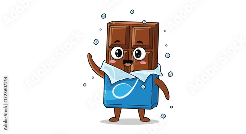 A cute anthropomorphic chocolate bar waving hello in a fun cartoon style.