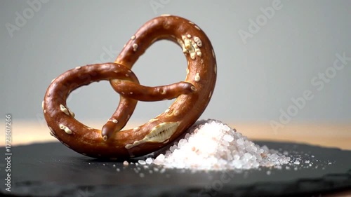 A beautifully crafted pretzel with salt sits on a black slate, perfect for showcasing culinary delights.