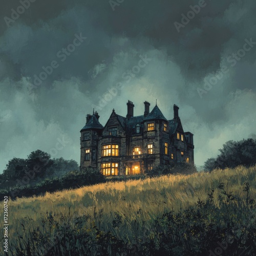 A grand gothic mansion bathed in twilight light, perched atop a golden field under a stormy sky