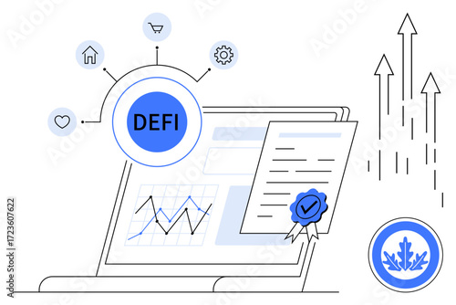Laptop displaying chart and certified document connected to DEFI elements, signifying finance decentralization, innovation. Ideal for blockchain, cryptocurrency, smart contracts, investment