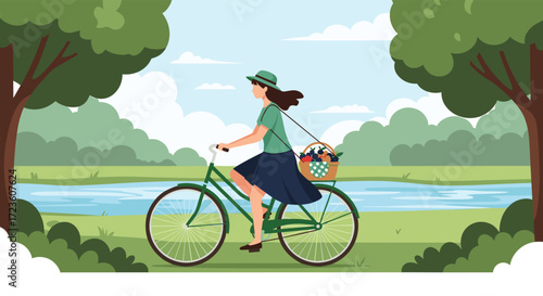 A woman rides her bicycle through a park on a sunny day.