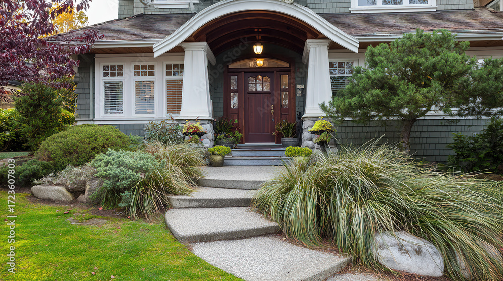 Naklejka premium welcome. Family home exterior with welcoming entrance and architectural details. real-estate listings, architecture portfolios, designed for architectural facade and classical detail presentations.