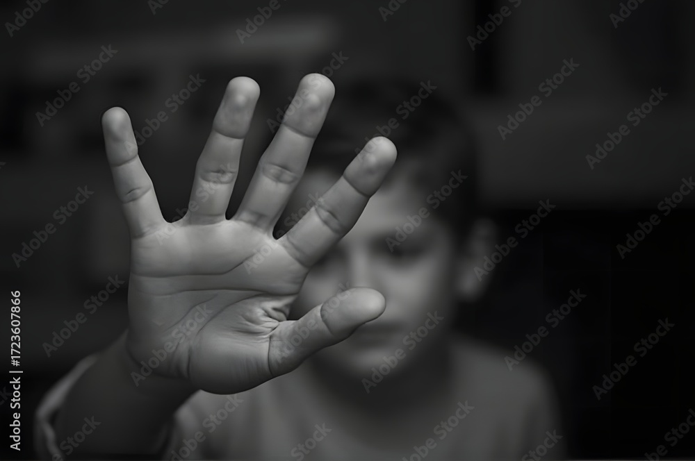Obraz premium Monochromatic Portrait of a Young Boy Obscured by an Outstretched Hand Emphasizing Childhood Innocence and Protection