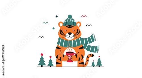 A cheerful tiger wearing a hat and scarf holds a hot drink during winter.