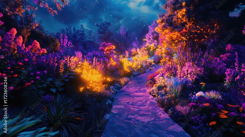 Obraz premium grden focusing on a landscape garden with a neon glow style