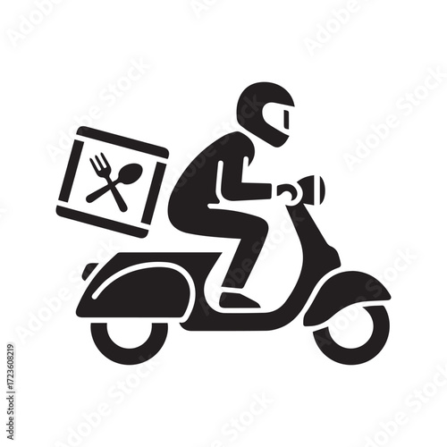Food delivery icon, courier riding scooter or moped. Black symbol for online order service, takeaway, and restaurant shipping.
