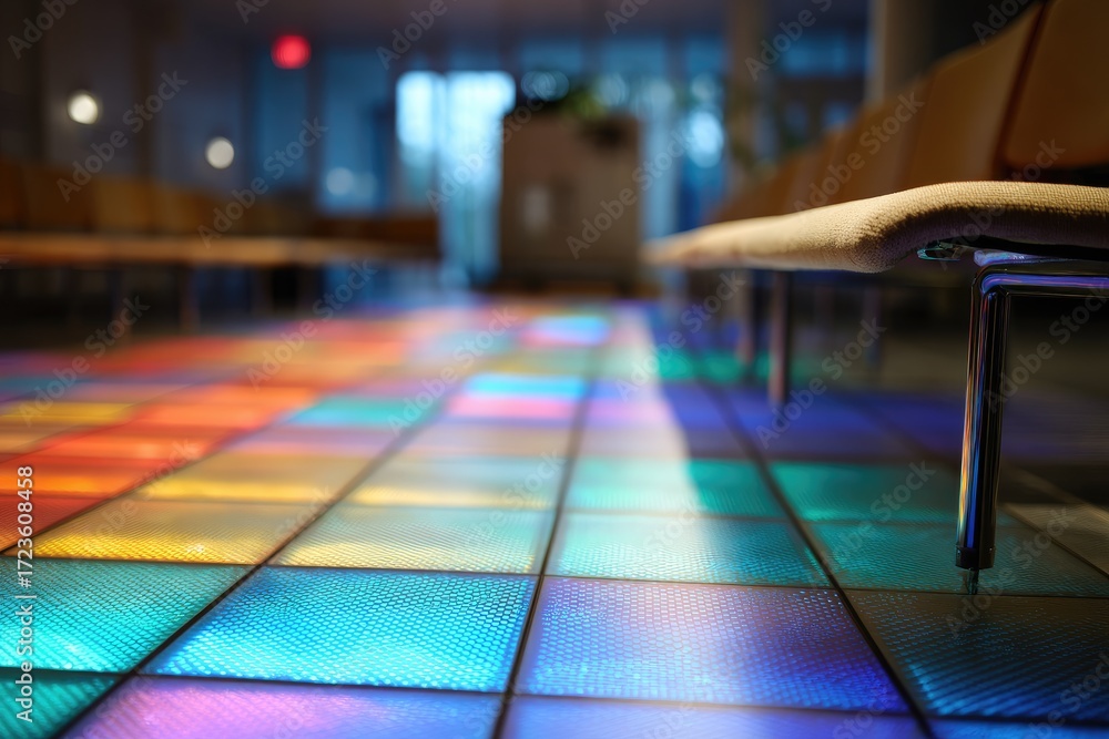 Obraz premium Colorful mosaic floor tiles in a waiting area. Perspective view from floor level, looking down a brightly lit, modern waiting hall with rows of light beige seating