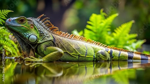 Vibrant Green Iguana Basking in Tropical Setting