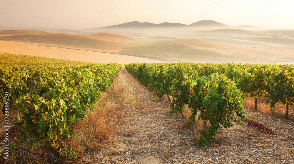 Obraz premium vineyard. Golden hour vineyard landscape with rows of grapevines extending toward rolling hills, travel magazines, destination branding, designed for outdoor magazines and nature guides. 