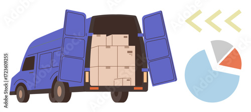 Open delivery truck filled with boxes alongside a pie chart and arrows suggesting logistics, data, supply chain, shipping, business growth, distribution, and efficiency. Ideal for logistics