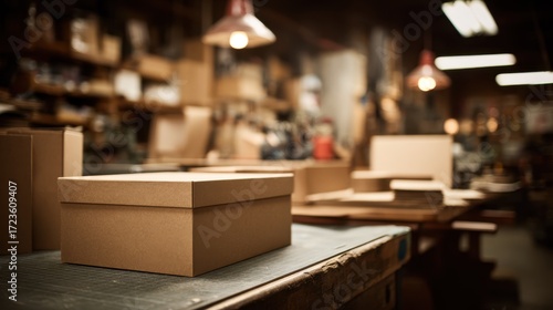 Recycled paper packaging in sharp focus on a worktable showcasing the materials rough texture while the workshop background remains out of focus reinforcing green shipping choices.
