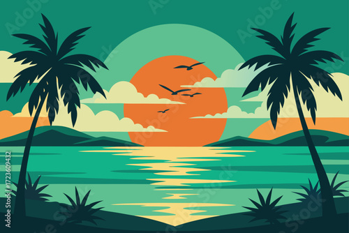 Tropical summer vacation illustration: girl on a sunny beach with palm trees and ocean sunset landscape