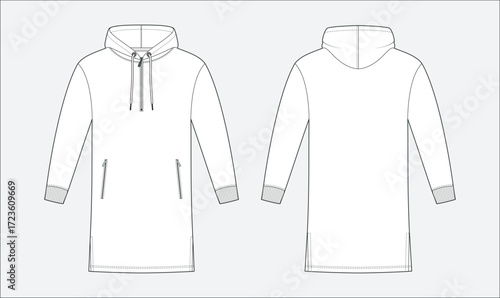 Long sleeve thobe hoodie with pocket technical fashion flat sketch vector illustration template front and back views