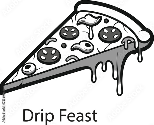 This collection of black and white image depicts illustration of pizza, showing toppings and slice.