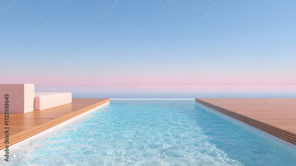 Fototapeta premium Serene Infinity Pool Overlooking Tranquil Ocean with Dreamy Pink Sky and Clear Water Surface