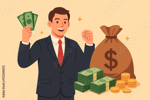 Man holding a stack of money, smiling widely and raising his hands in victory. Concept of business success, wealth, financial stability, and prosperity.