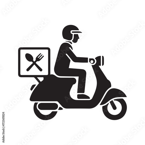 Food delivery icon, courier riding scooter or moped. Black symbol for online order service, takeaway, and restaurant shipping.
