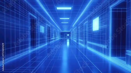 hllwy blueprint of a hospital hallway in holographic projection