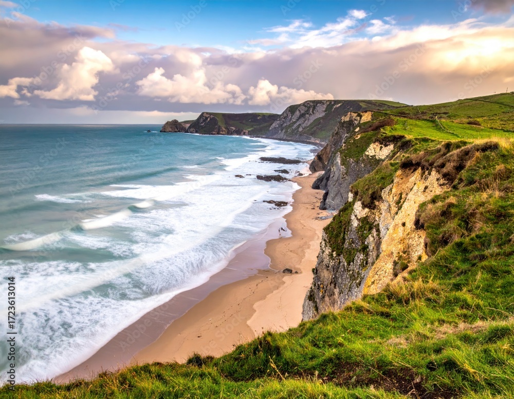 Fototapeta premium Coastal Cliffs and Sandy Beach at Sunrise.