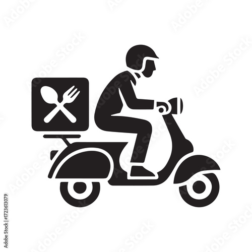 Food delivery icon, courier riding scooter or moped. Black symbol for online order service, takeaway, and restaurant shipping.
