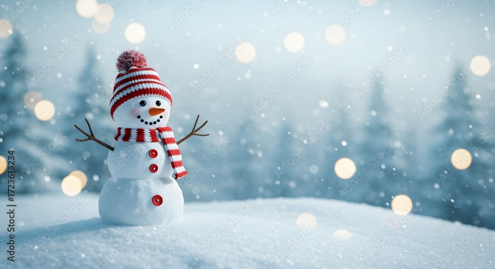 Fototapeta premium Charming snowman standing in a snowy winter forest decorated with festive lights and bokeh effects