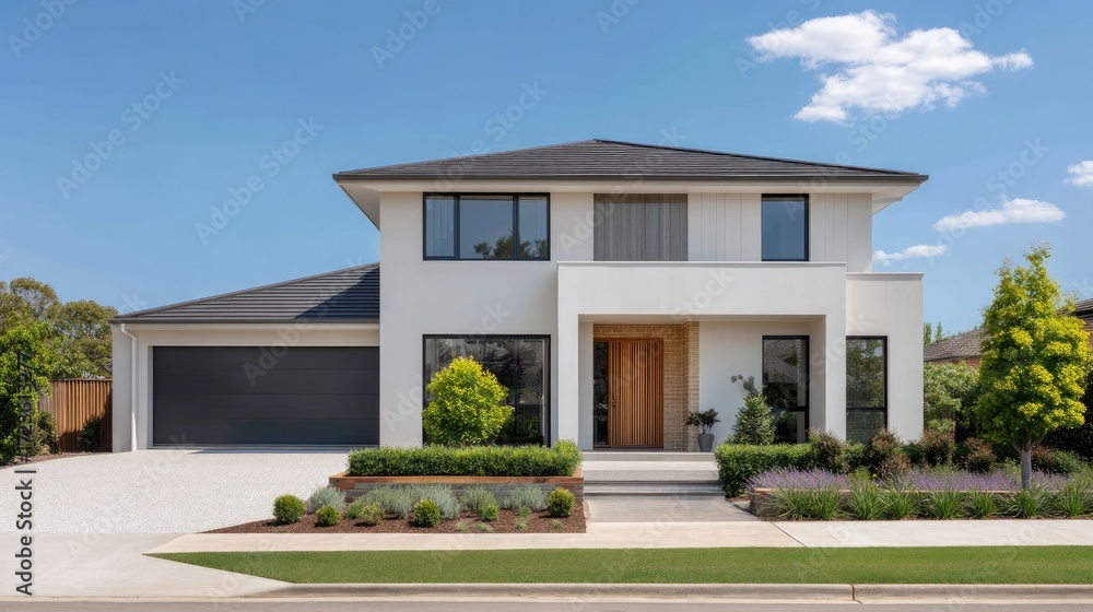 Fototapeta premium Modern suburban house with elegant façade and landscaped garden under clear blue sky