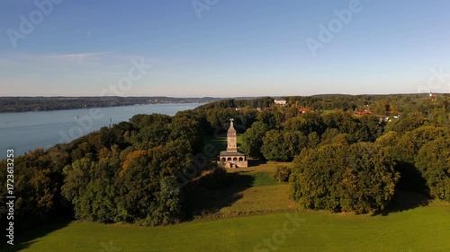 Aerial view of the Bismarck Tower Assenhausen near Starnberger See in Bavaria Germany. Scenic landscape with lake view, historic monument and cultural heritage near Munich