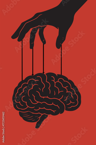 Surreal illustration of a human brain held by puppet strings from a hand above, symbolizing psychological control. Simple, symbolic, flat design style, red and black color scheme, central composition.