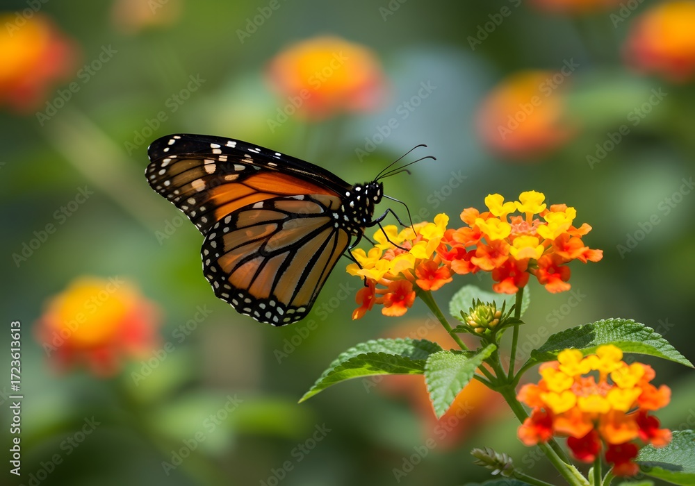 Obraz premium Monarch butterfly resting on vibrant lantana flowers in a sunlit garden capturing the beauty of nature and insect life