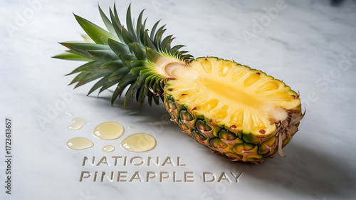 A halved pineapple with juice droplets on a marble surface, celebrating National Pineapple Day