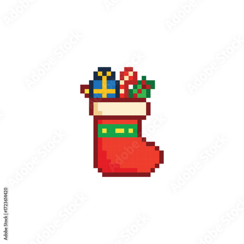 pixel art christmas sock with candy vector icon pixel element for 8 bit game