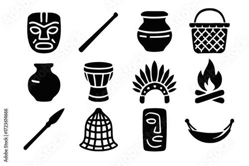 Traditional vector collection paddle pot icon tribal hunting pit spear clay rainforest
