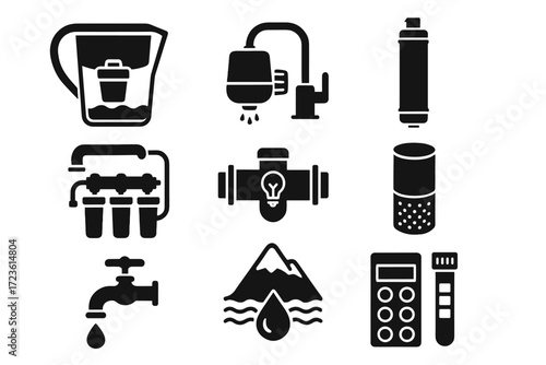 Filter water cartridge mountain icons vector spring purification ceramic testing icon pitcher
