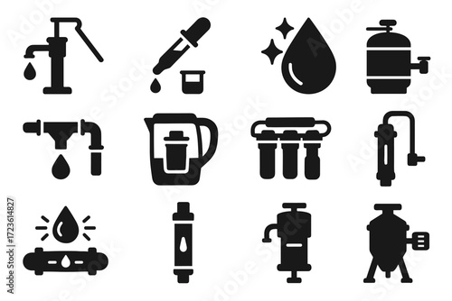 Purification testing icons purifier survival uv machine pump droplet water sparkles vector