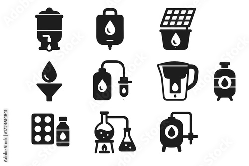 Icons portable vector icon setup purification water symbol tank filter tablets purifier
