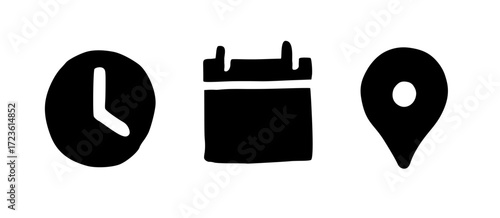 Flat Doodle Time Date Location Icons Venue Vector Hand Drawn