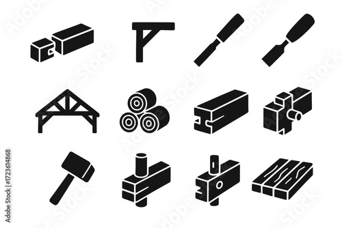 Timber truss mallet icons chisel plank vector support framing icon roof tenon