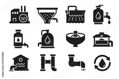 Droplet icons pumping wastewater sludge treatment tank plant vector recycling water aeration