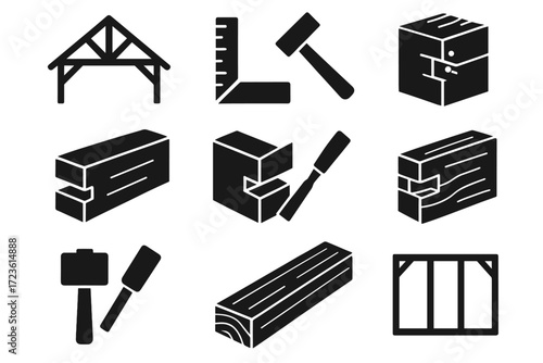 Cross timber mallet pegged beam truss wooden square vector framing tool icons