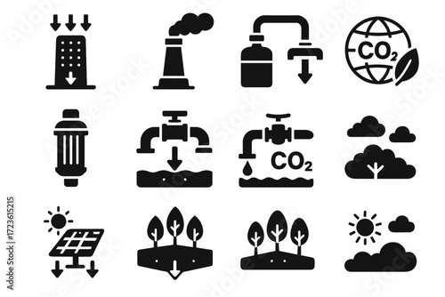 Smokestack icons underground industrial carbon arrows capture vector filter globe sky icon