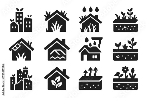 Grass icons vector water plants collection green solar sustainability silhouette retention roof