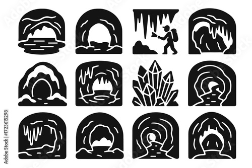 Hiker icy ceiling vector icon lake chamber cavern glacial arch cave
