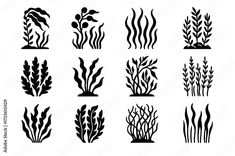 Fototapeta premium Underwater icon dense kelp tall leaf forest bulb vector patch thin icons