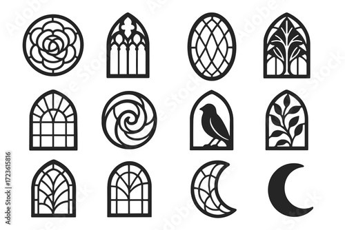 Icons icon vector moon stained glass gothic silhouette window arch rose oval