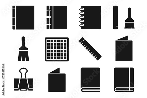 Tools binder bookbinding icons vector booklet binding icon glue cutting ruler clip